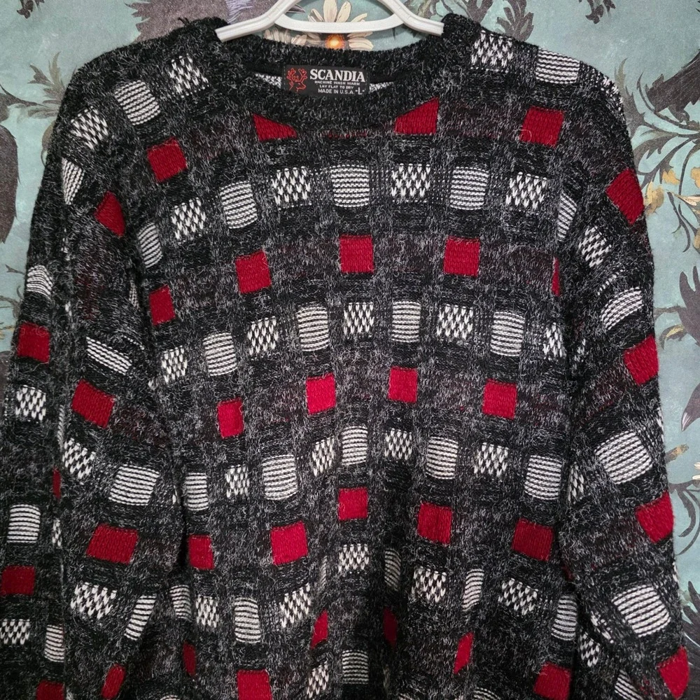 Scandia Vintage 90s Sweater Geometric Grid Red Black Fuzzy Knit Pullover USA L